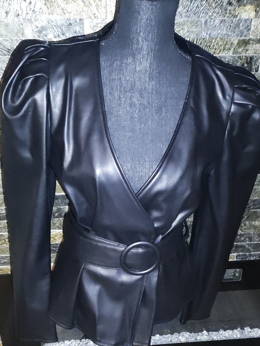 Bashe Black Faux Leather Belted Peplum Jacket Size Large